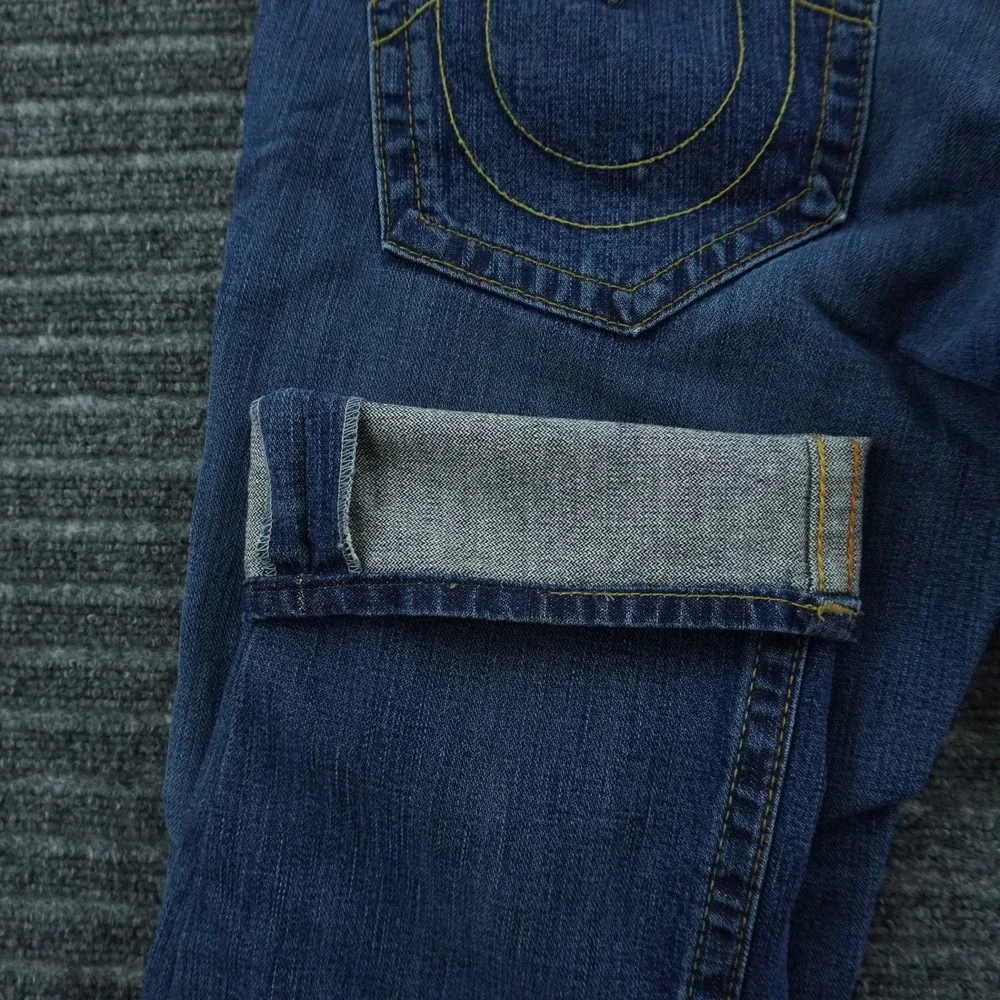 True Religion Billy Jeans Mens 34 Blue Distressed Ripped Straight Leg USA Made
